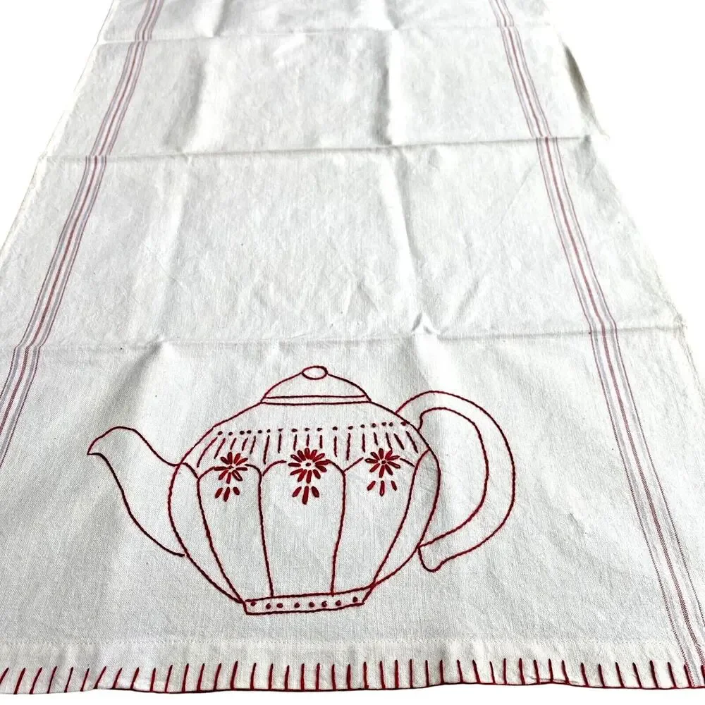 White cotton muslin kitchen tea towel red embroidery finishes country farmhouse